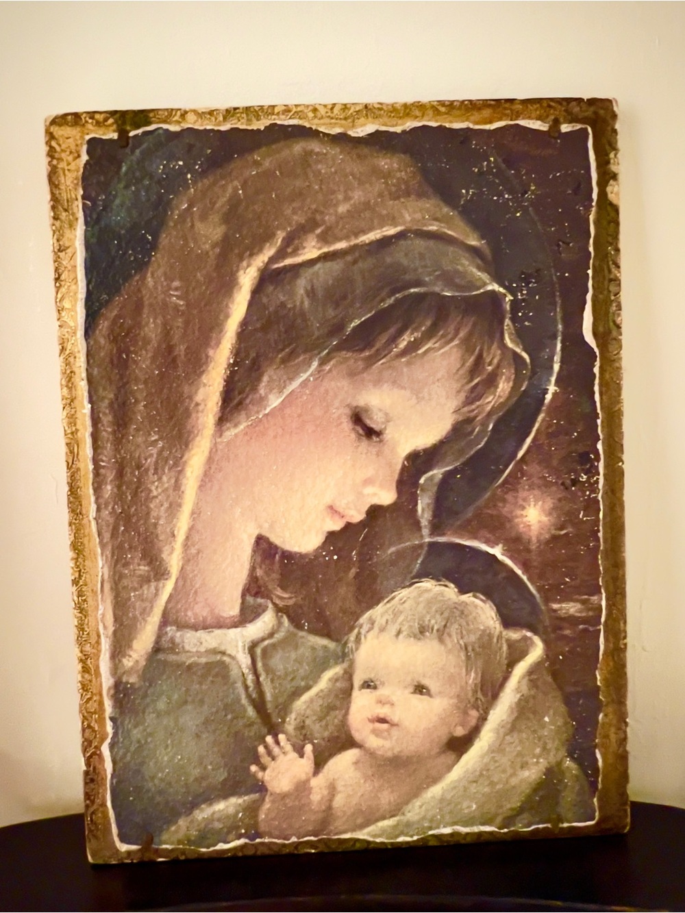 ViTG Italian Wood Plaster Affresco Plaque Madonna & Child Christmas Star 16x12